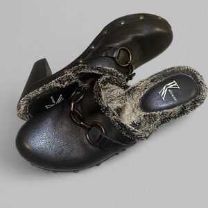 Black Leather Studded Clogs with Faux Fue Lining